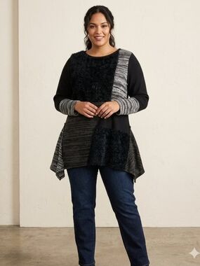 Style & Co. Black and Gray Patchwork Textured Crewneck Sweater
